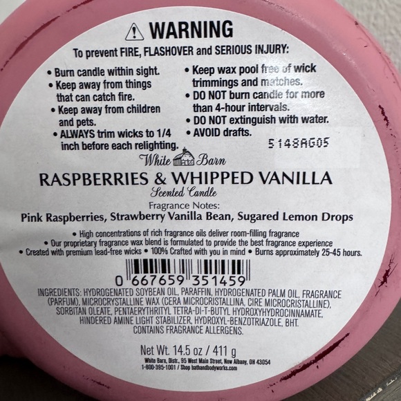 Bath & Body Works RASPBERRIES & WHIPPED VANILLA 3-Wick Candle NEW White Barn - Picture 3 of 3